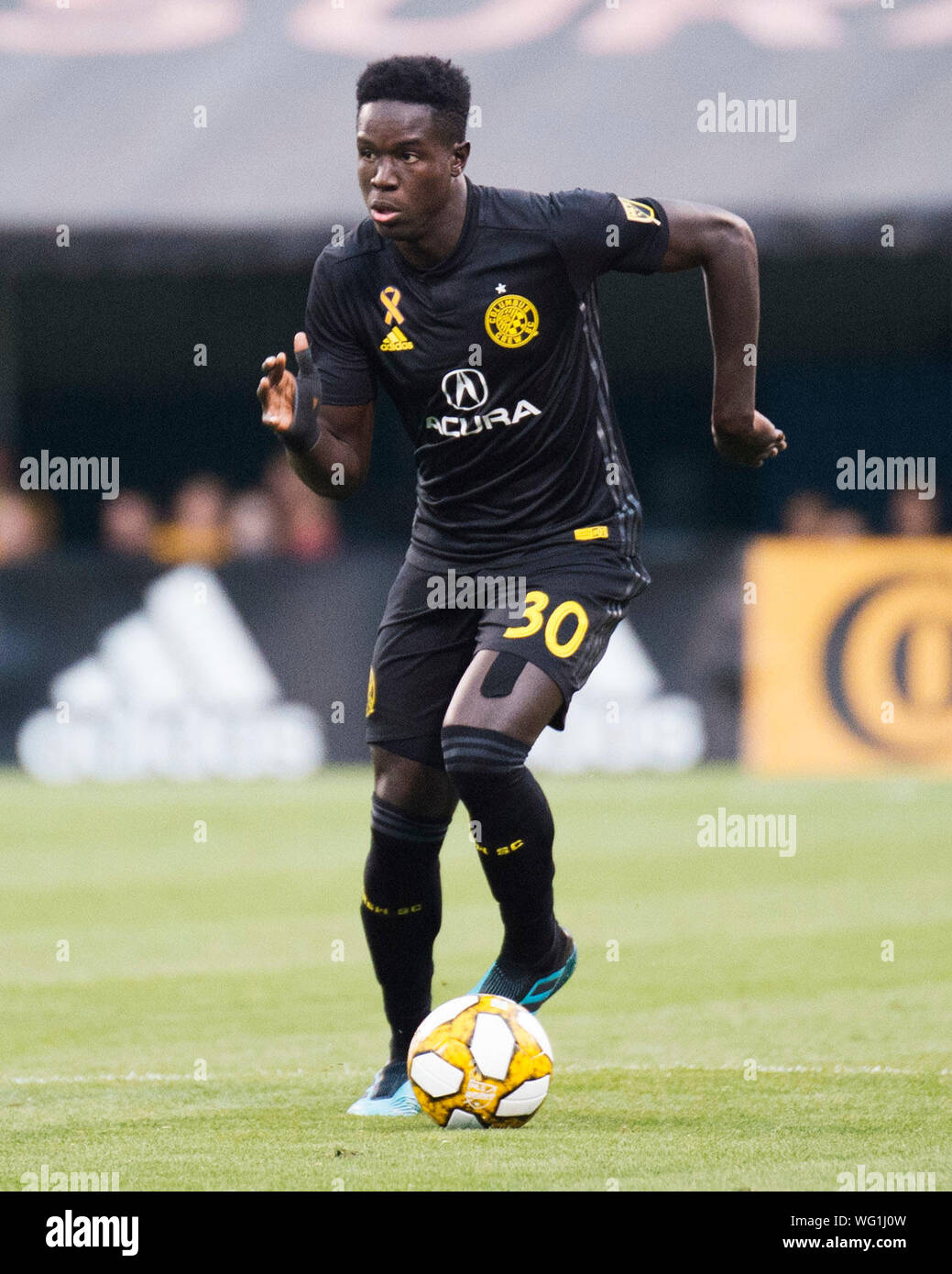 Columbus, Ohio, USA. 31 August, 2019. Columbus Crew SC defender Aboubacar Keita (30) warms up before facing Chicago Fire in their match at Mapfre Stadium. Credit: Brent Clark/Alamy Live News Stock Photo
