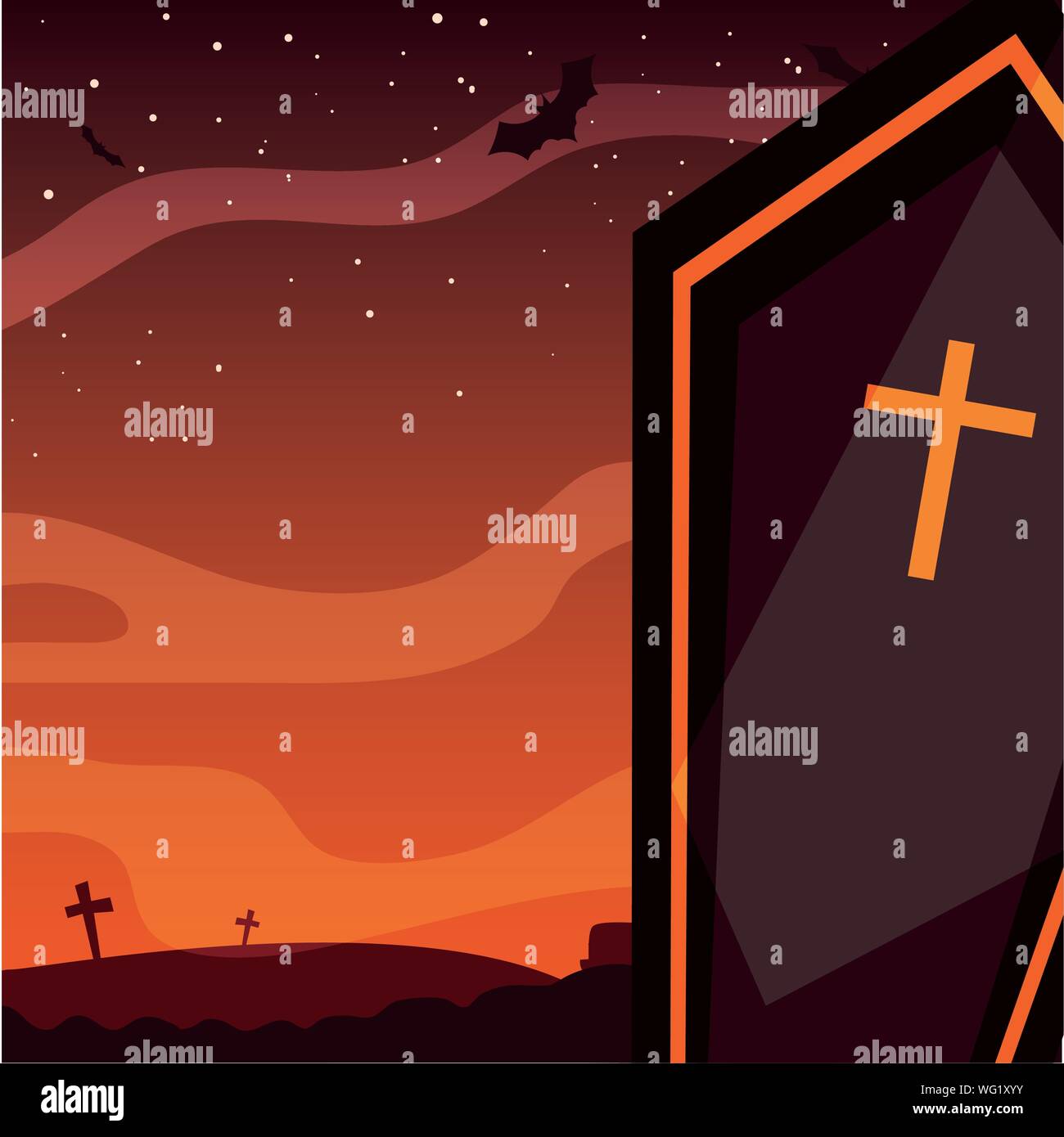 coffin cemetery bats happy halloween celebration design vector ...