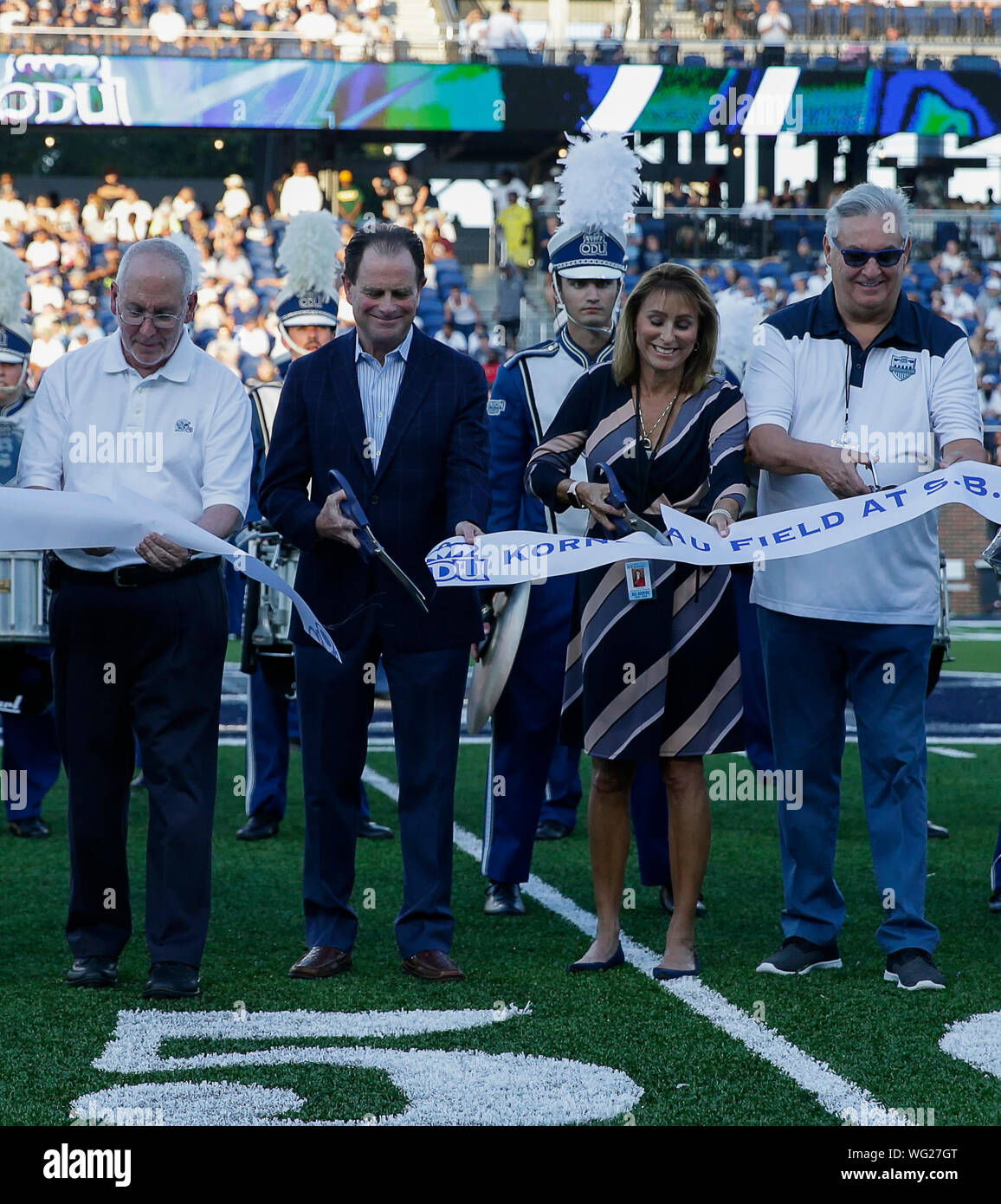August 31, 2019: ODU President John R. Broderick and his wife, Kate, cut the ribbon for the opening of their new stadium before a NCAA football game between the Old Dominions Monarchs and the Norfolk State Spartans at S.B. Ballard Stadium in Norfolk, VA. Justin Cooper/CSM Stock Photo
