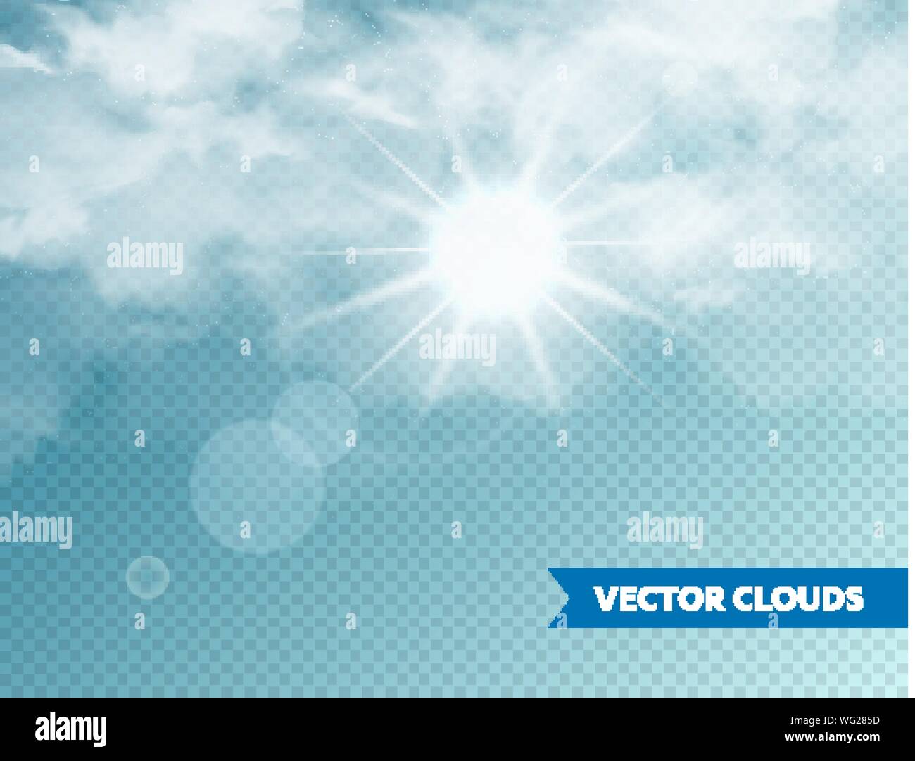 Realistic Clouds with Sun Flare. Isolated Cloud on Blue Transparent ...
