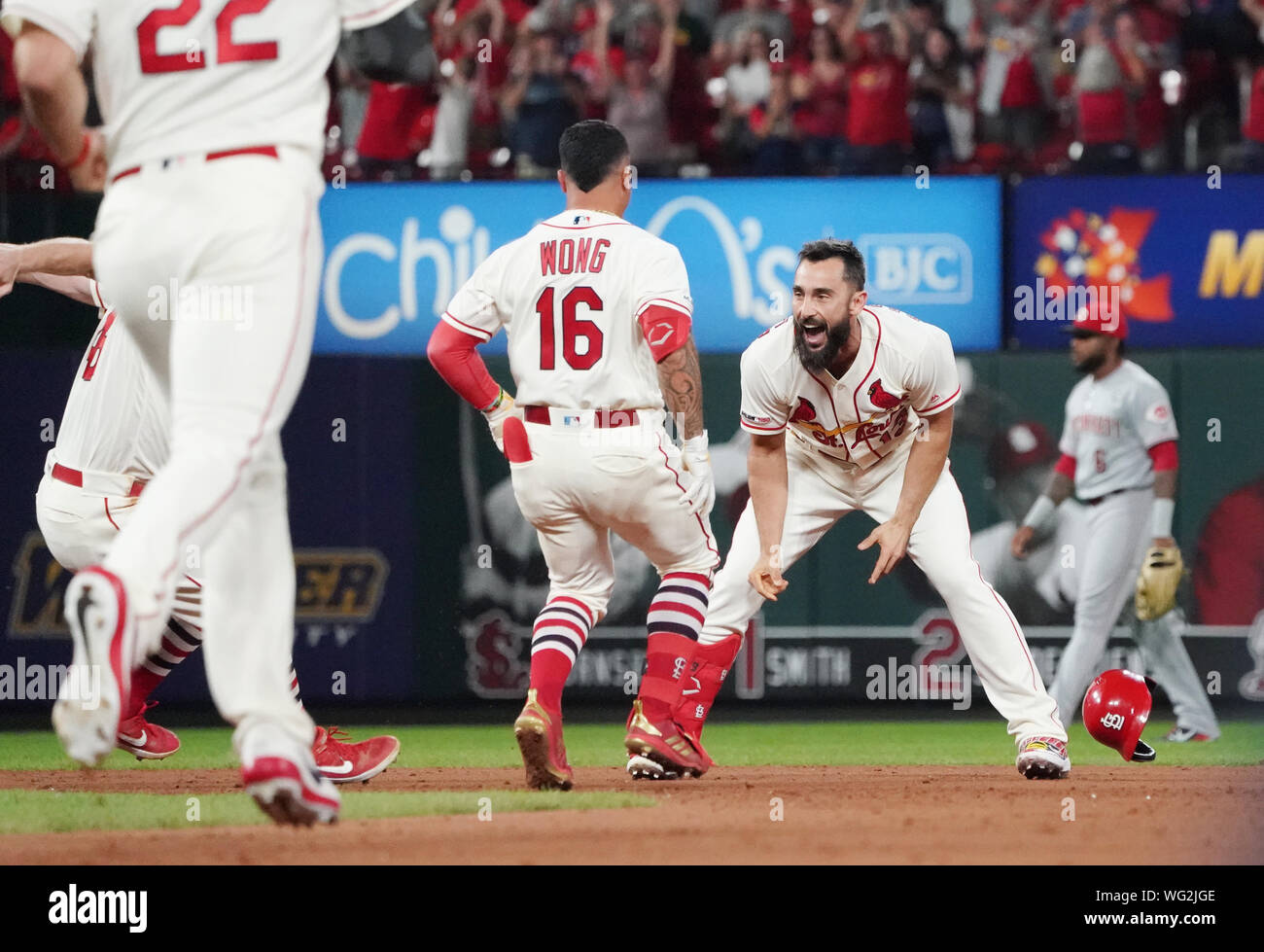 St. Louis Cardinals Matt Carpenter waits for his teammates to run to second base after hitting the game winning single in the ninth inning against the Cincinnati Reds in game 2 of their double header at Busch Stadium in St. Louis on Saturday, August 31, 2019. St. Louis won the game 3-2.   Photo by Bill Greenblatt/UPI Stock Photo