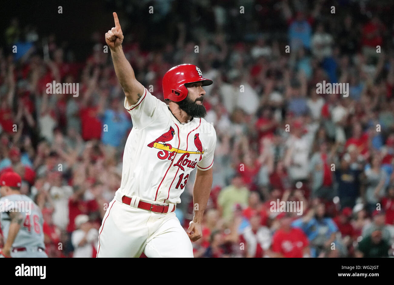 St. Louis Cardinals Matt Carpenter points after hitting the game winning single in the ninth inning to defeat the Cincinnati Reds 3-2 in game 2 of their double header at Busch Stadium in St. Louis on Saturday, August 31, 2019.  Photo by Bill Greenblatt/UPI Stock Photo