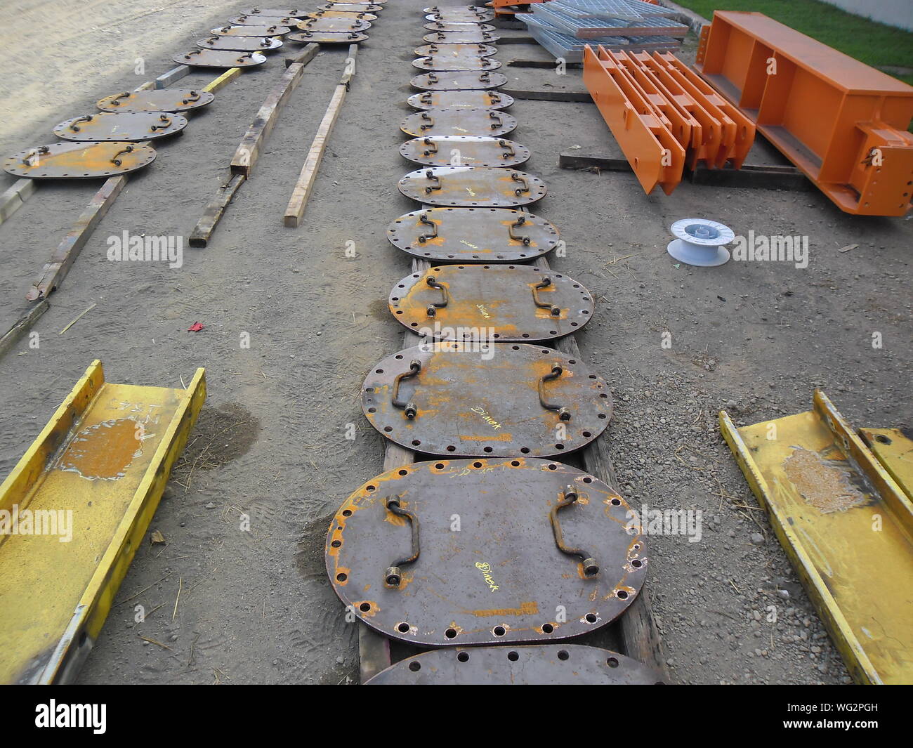 High Angle View Of Metallic Construction Material On Road Stock Photo