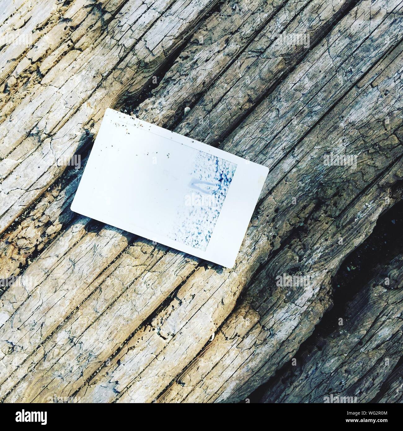 High Angle View Of Instant Photo On Driftwood Stock Photo