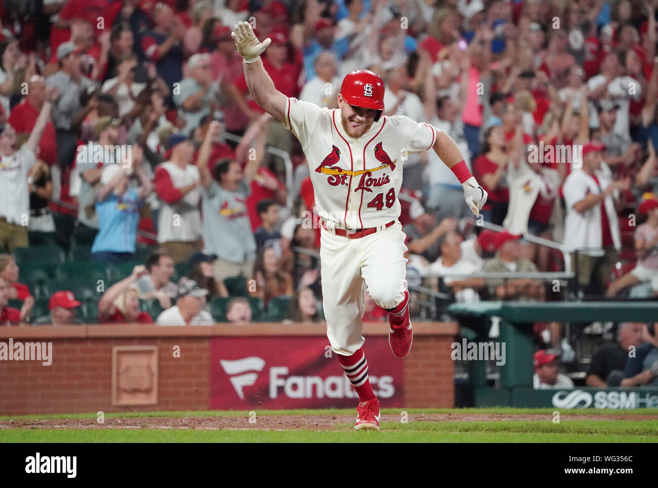 St. Louis Cardinals Harrison Bader throws his arm up after hitting a game tying RBI single in the ninth inning against the Cincinnati Reds in game two of their double header at Busch Stadium in St. Louis on Saturday, August 31, 2019. St. Louis won the game 3-2. Photo by Bill Greenblatt/UPI Stock Photo