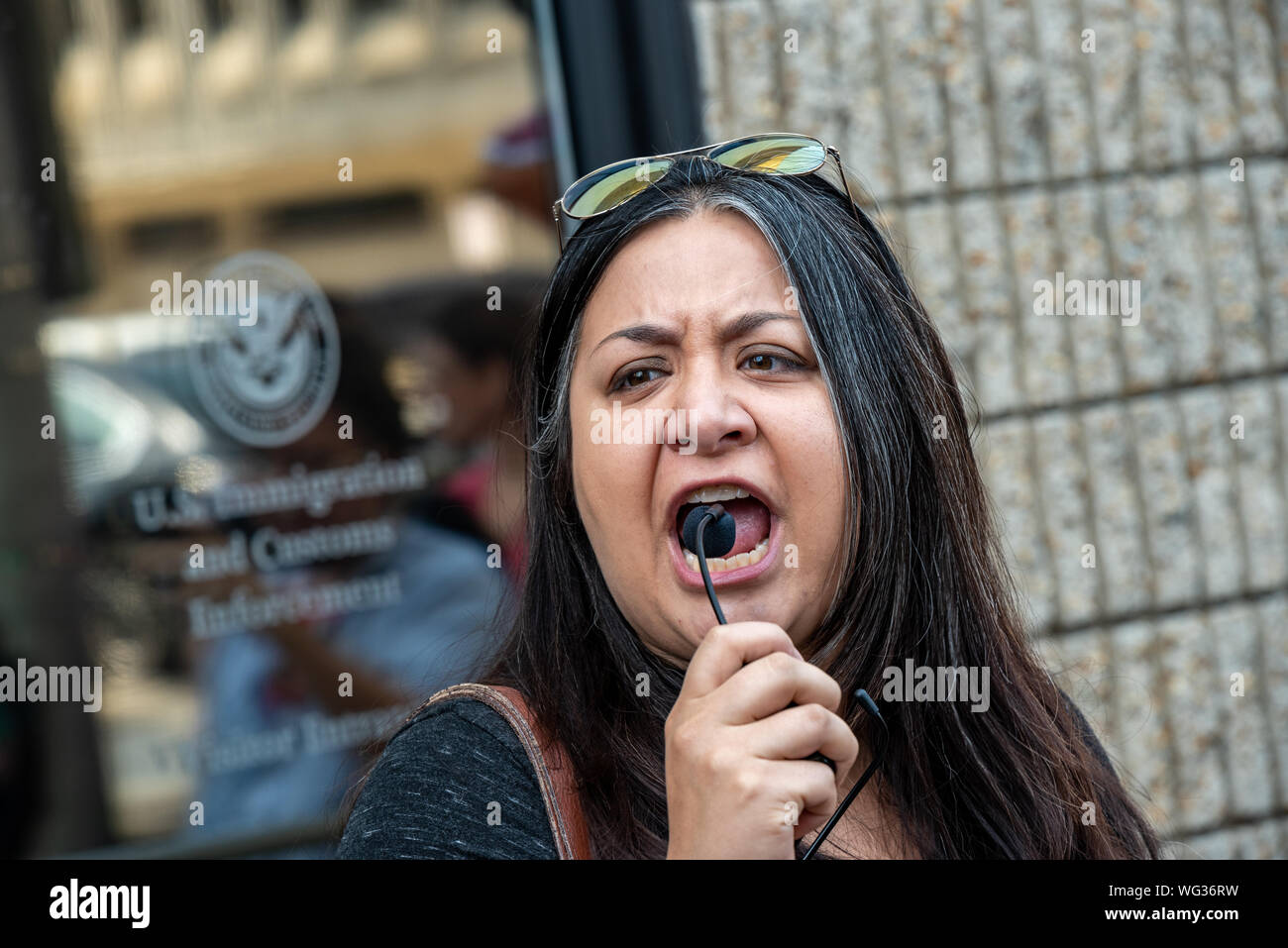 Philadelphia, Pennsylvania, USA. 27 August, 2019. Philadelphia residents gathered in protest of the Trump administrations decision to increase indefinite detention for migrants. About two dozen rallied at the DHS Immigration office at 8th and Arch street finishing with an anime-inspired 'Naruto Run'. Credit: Chris Baker Evens/Alamy Live News. Stock Photo