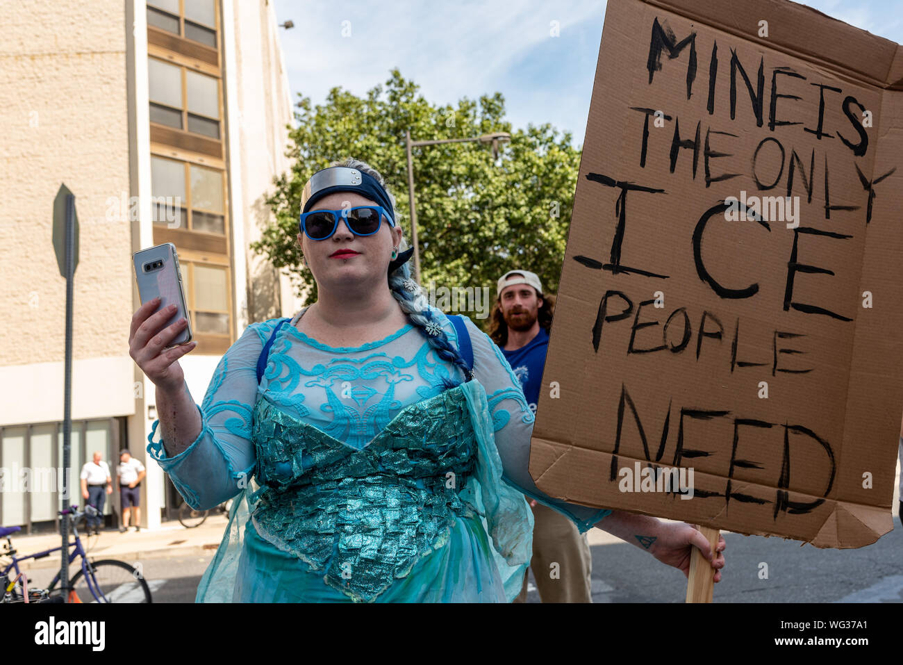 Philadelphia, Pennsylvania, USA. 27 August, 2019. Philadelphia residents gathered in protest of the Trump administrations decision to increase indefinite detention for migrants. About two dozen rallied at the DHS Immigration office at 8th and Arch street finishing with an anime-inspired 'Naruto Run'. Credit: Chris Baker Evens/Alamy Live News. Stock Photo