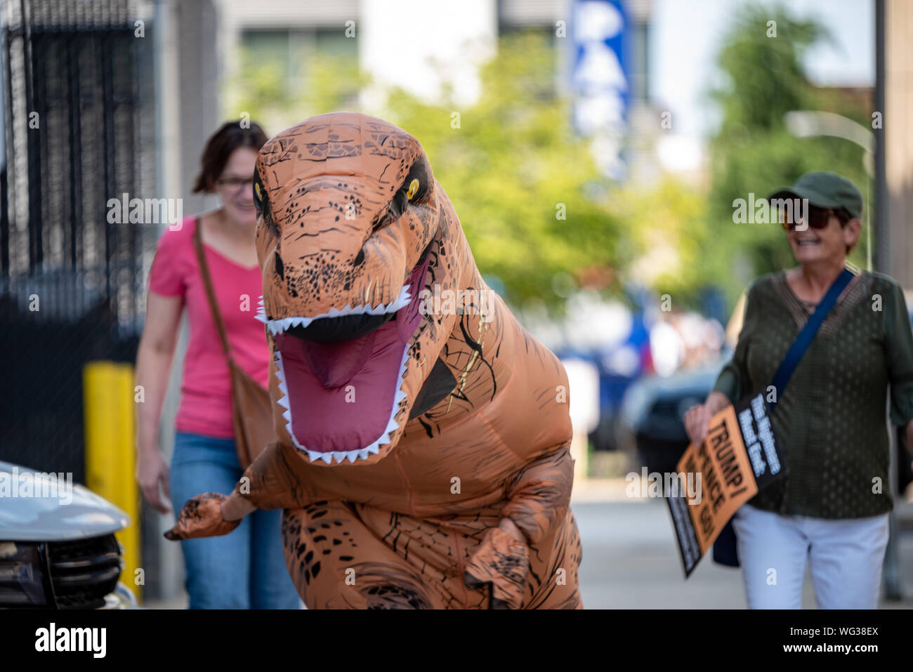 Philadelphia, Pennsylvania, USA. 27 August, 2019. Philadelphia residents gathered in protest of the Trump administrations decision to increase indefinite detention for migrants. About two dozen rallied at the DHS Immigration office at 8th and Arch street finishing with an anime-inspired 'Naruto Run'. Credit: Chris Baker Evens/Alamy Live News. Stock Photo