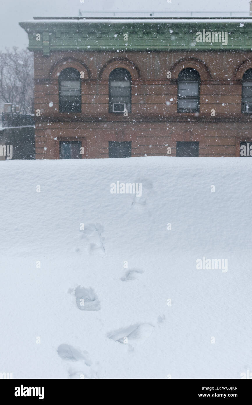 Boot prints leading toward the edge of a rooftop during heavy snowfall Stock Photo