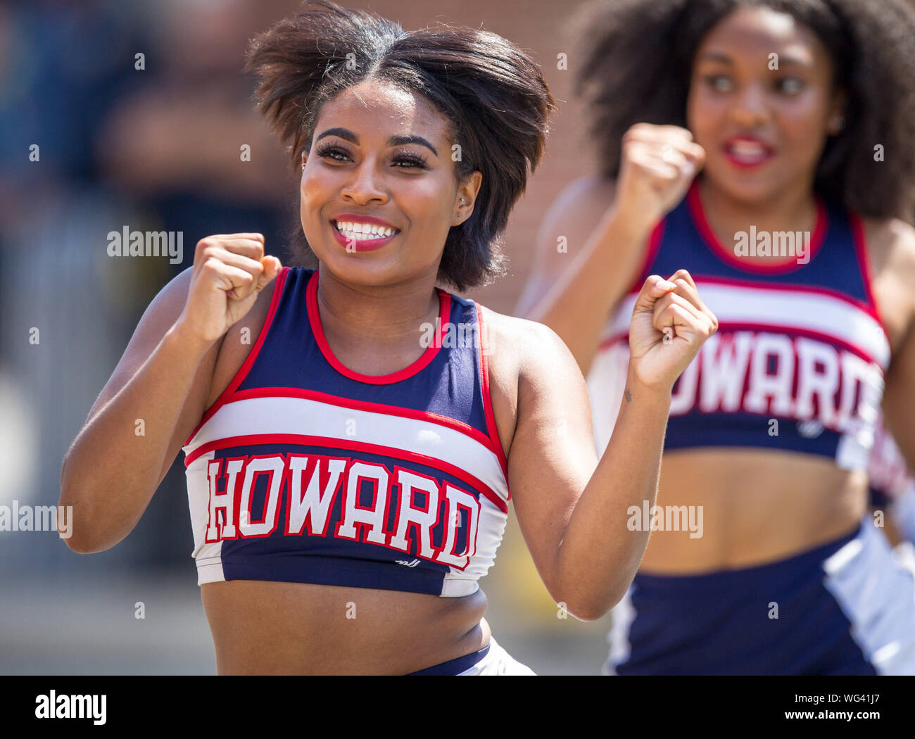 August 31, 2019: Howard University cheerleader on the sidelines in action from Howard vs. Maryland at Capital One Field in College Park, Maryland. Cory Royster/Cal Sport Media Stock Photo