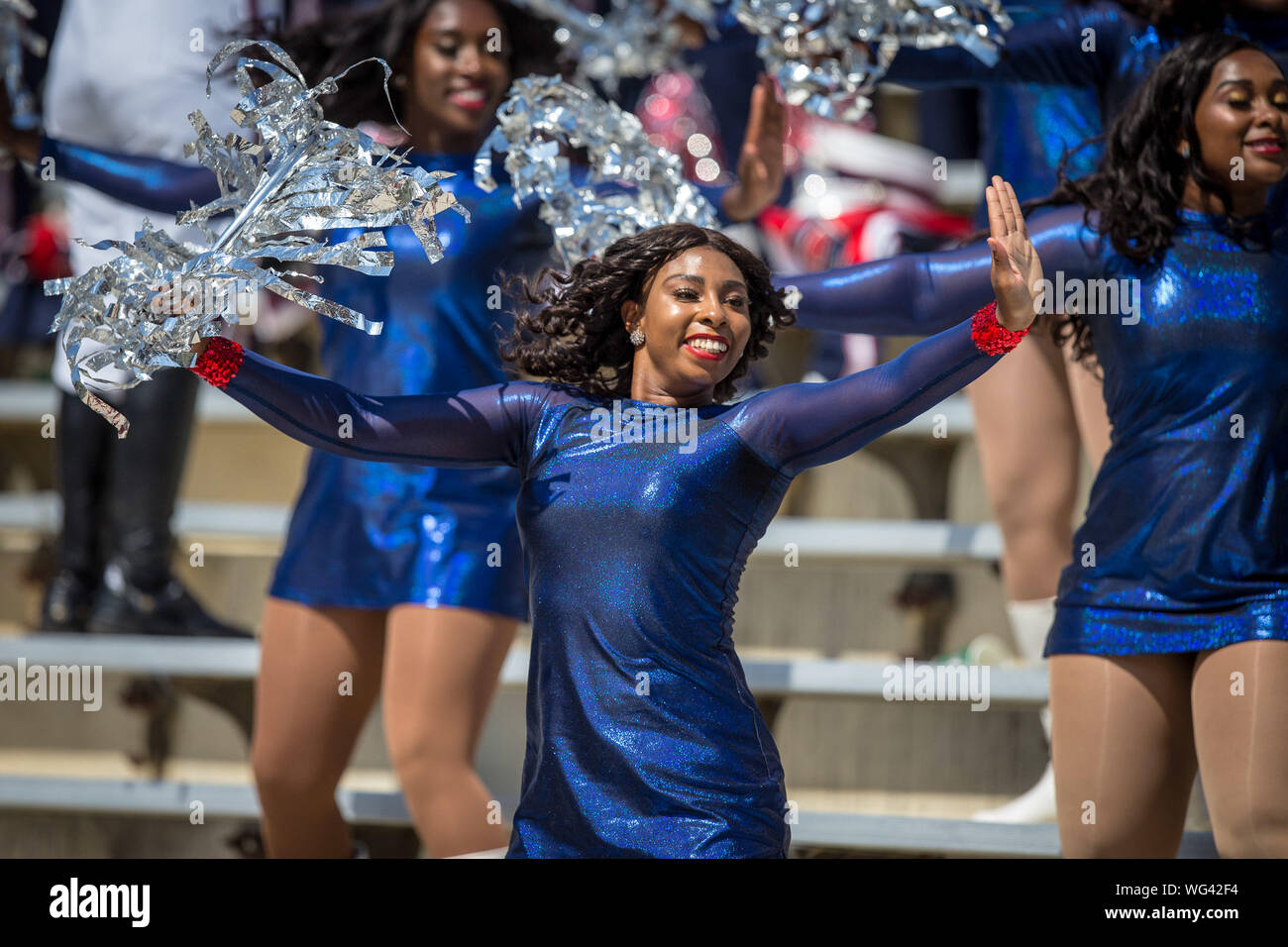 August 31, 2019: A member of the Howard University cheerleader squad in action from Howard vs. Maryland at Capital One Field in College Park, Maryland. Cory Royster/Cal Sport Media Stock Photo