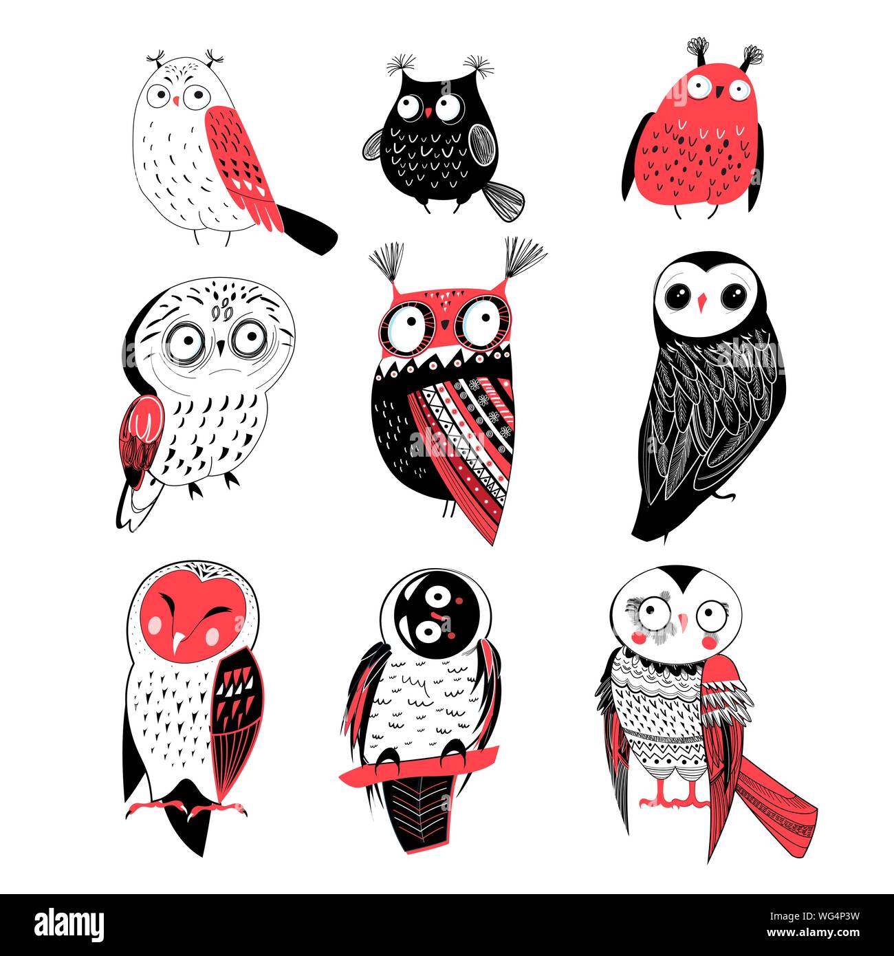 Vector Bright Set Of Graphic Funny Owls On An Isolated White