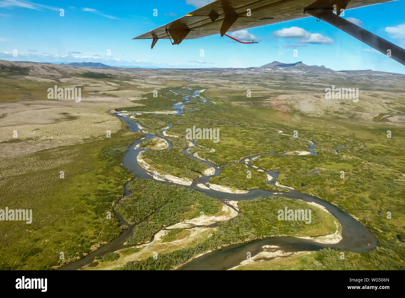 Aerial view of meandering Moraine creek, Katmai National Park, Alaska Stock Photo