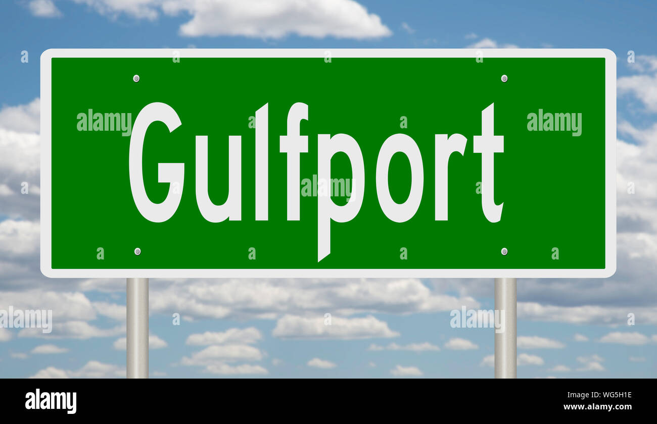 Rendering of a green highway sign for Gulfport Mississippi Stock Photo