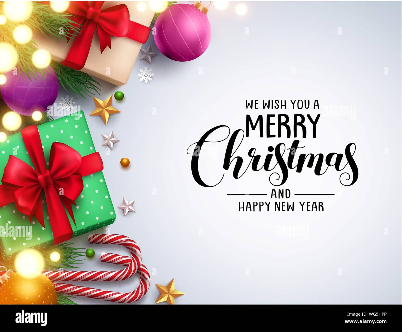 Christmas background vector design with merry christmas text in empty white  space and colorful elements like gifts and lights. Vector illustration  Stock Vector Image & Art - Alamy