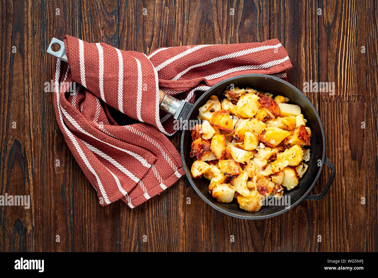 Fried potatoes, homemade, oven, bacon, cubed, crispy, sliced, pan