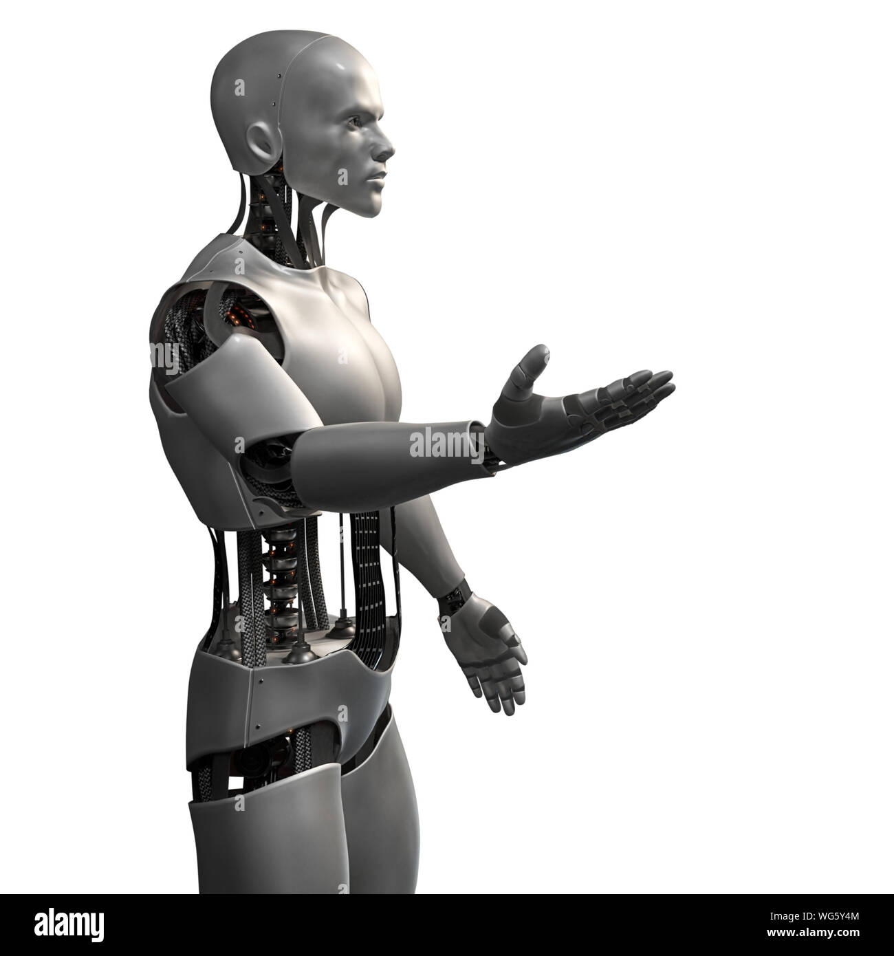humanoid robot, male android presenting an empty space, isolated on white background (3d illustration background) Stock Photo