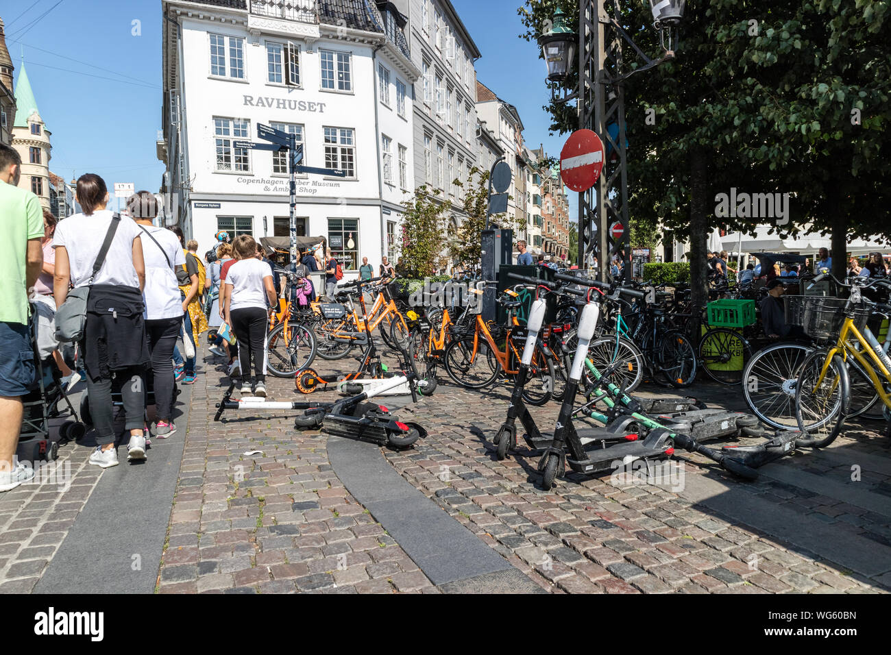 rental Electric E scooter , escooter, e-scooter knocked over and blocking the sidewalks in Kopenhagen - August 2019 - Kopenhagen, Denmark, Europe Stock Photo