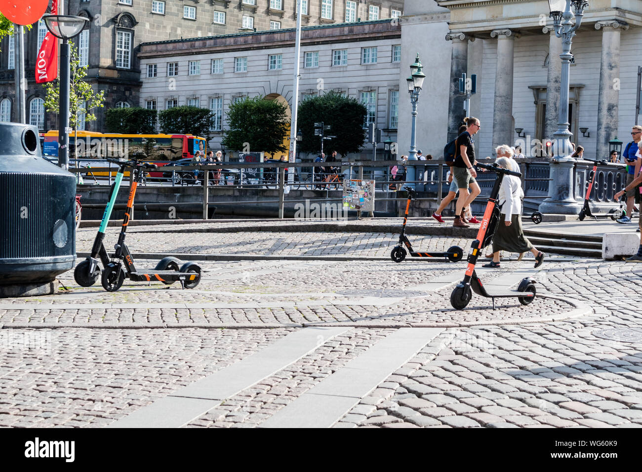 rental Electric E scooter , escooter, e-scooter on sidewalk in Kopenhagen - August 2019 - Kopenhagen, Denmark, Europe Stock Photo