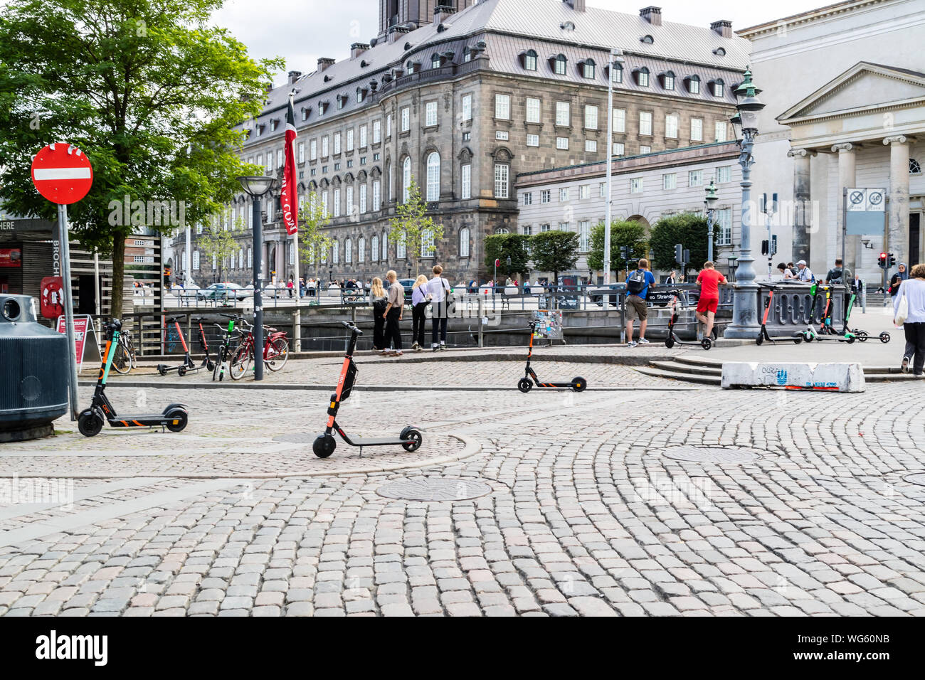 rental Electric E scooter , escooter, e-scooter on sidewalk in Kopenhagen - August 2019 - Kopenhagen, Denmark, Europe Stock Photo
