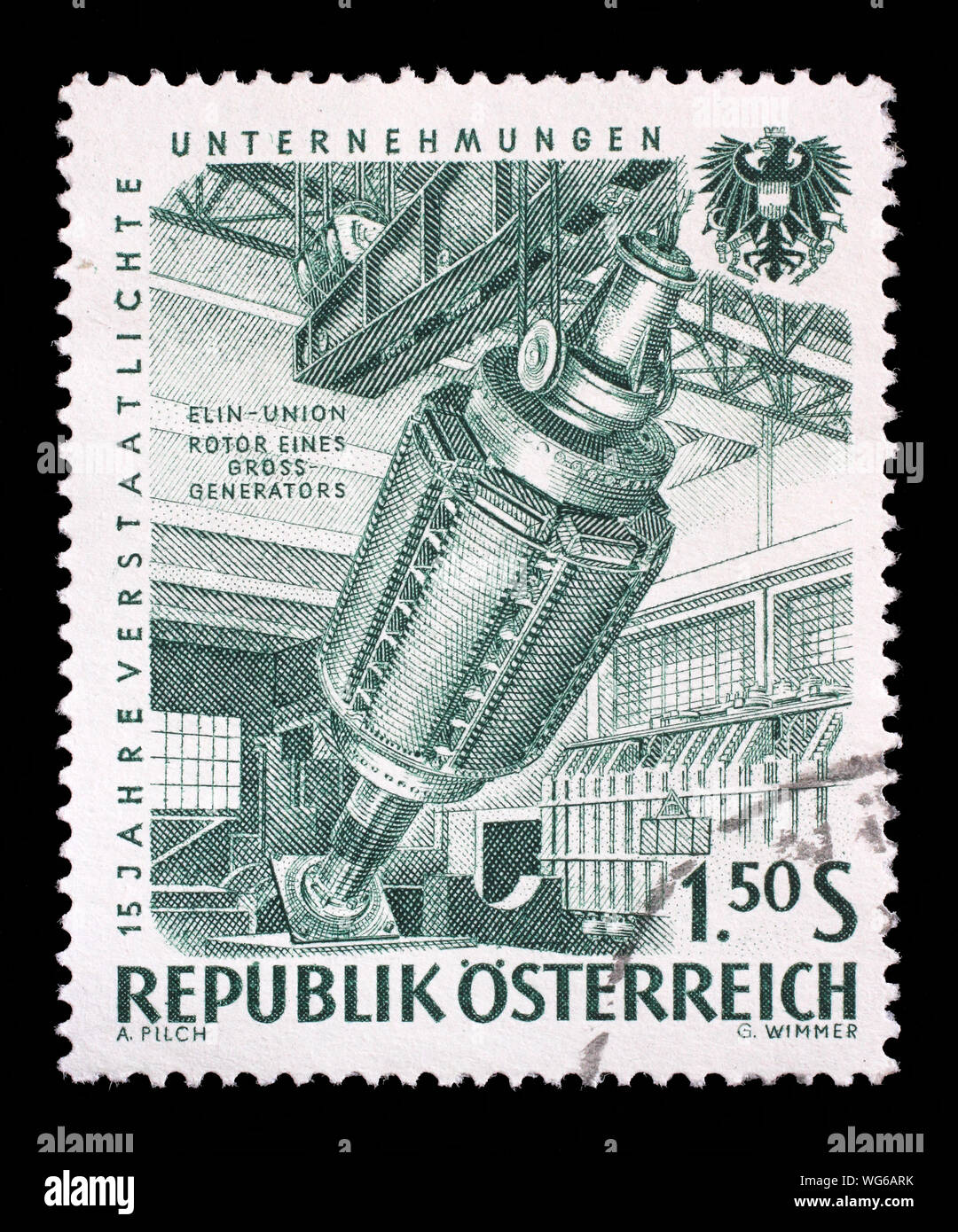 Stamp issued in the Austria shows Rotor of a huge generator of the Elin Union, the 15th Anniversary of Nationalised Industry, circa 1961. Stock Photo