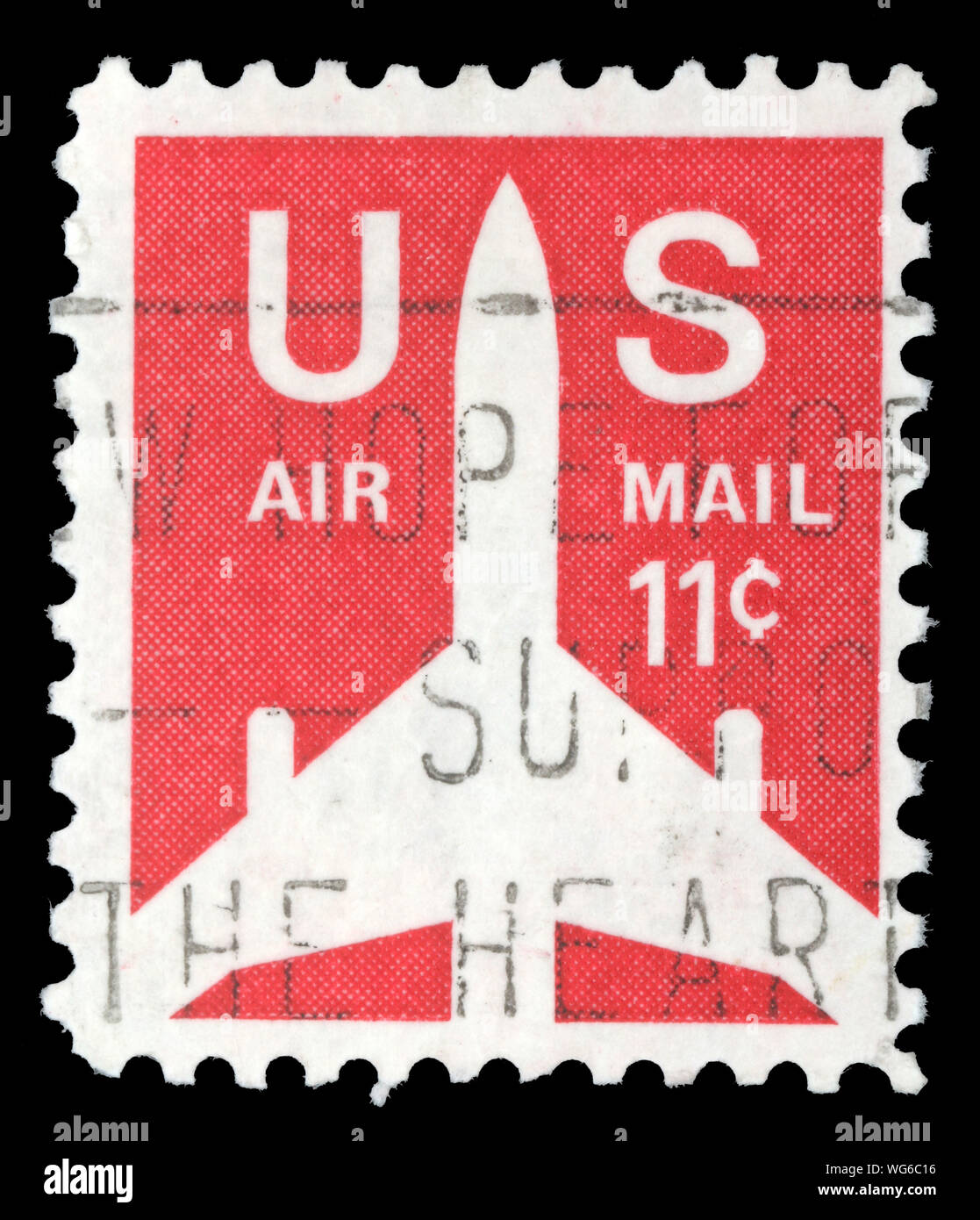 Stamp issued in the USA shows silhouette of Jet Airliner, circa 1971 ...