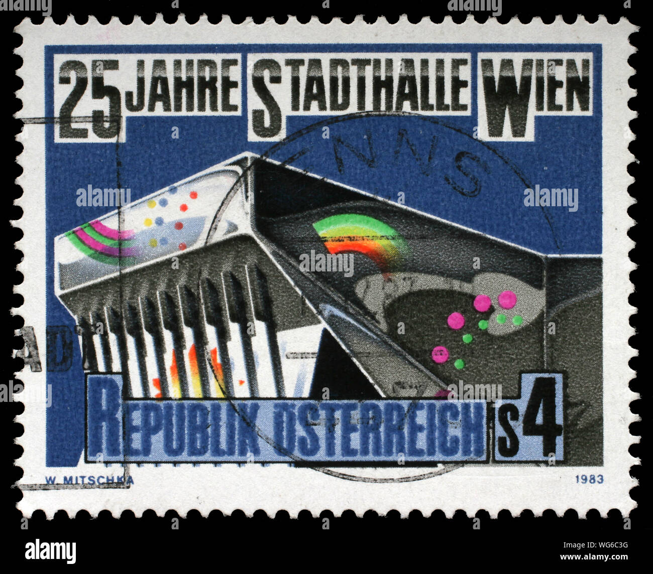 Stamp issued in the Austria shows the 25th Anniversary of Vienna Stadthalle, circa 1983. Stock Photo