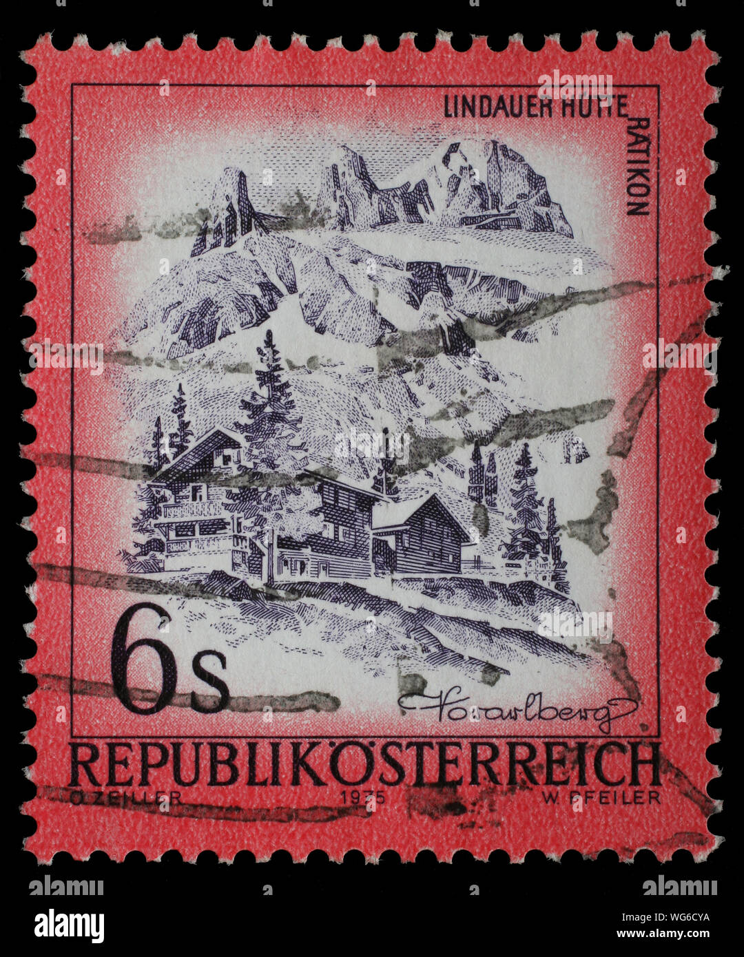 Stamp printed in Austria shows Lindauer Hutte Ratikon, from the series 'Sights in Austria', circa 1975. Stock Photo