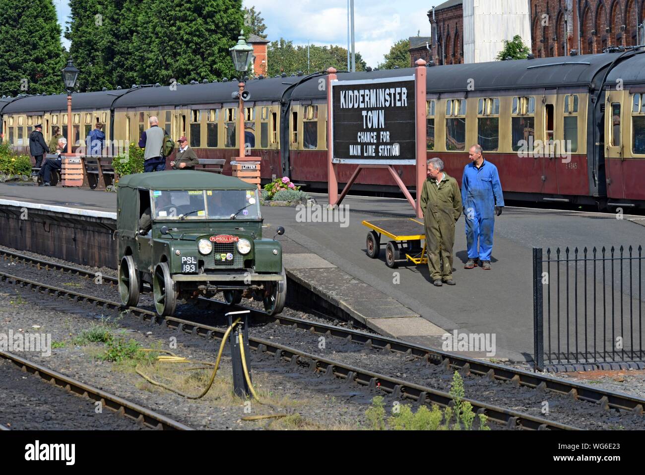 A 1957 Series One Land Rover known as "Plimsoll" specially adapted with rail wheels demonstrating at Kidderminster Station, Severn Valley Railway. Stock Photo