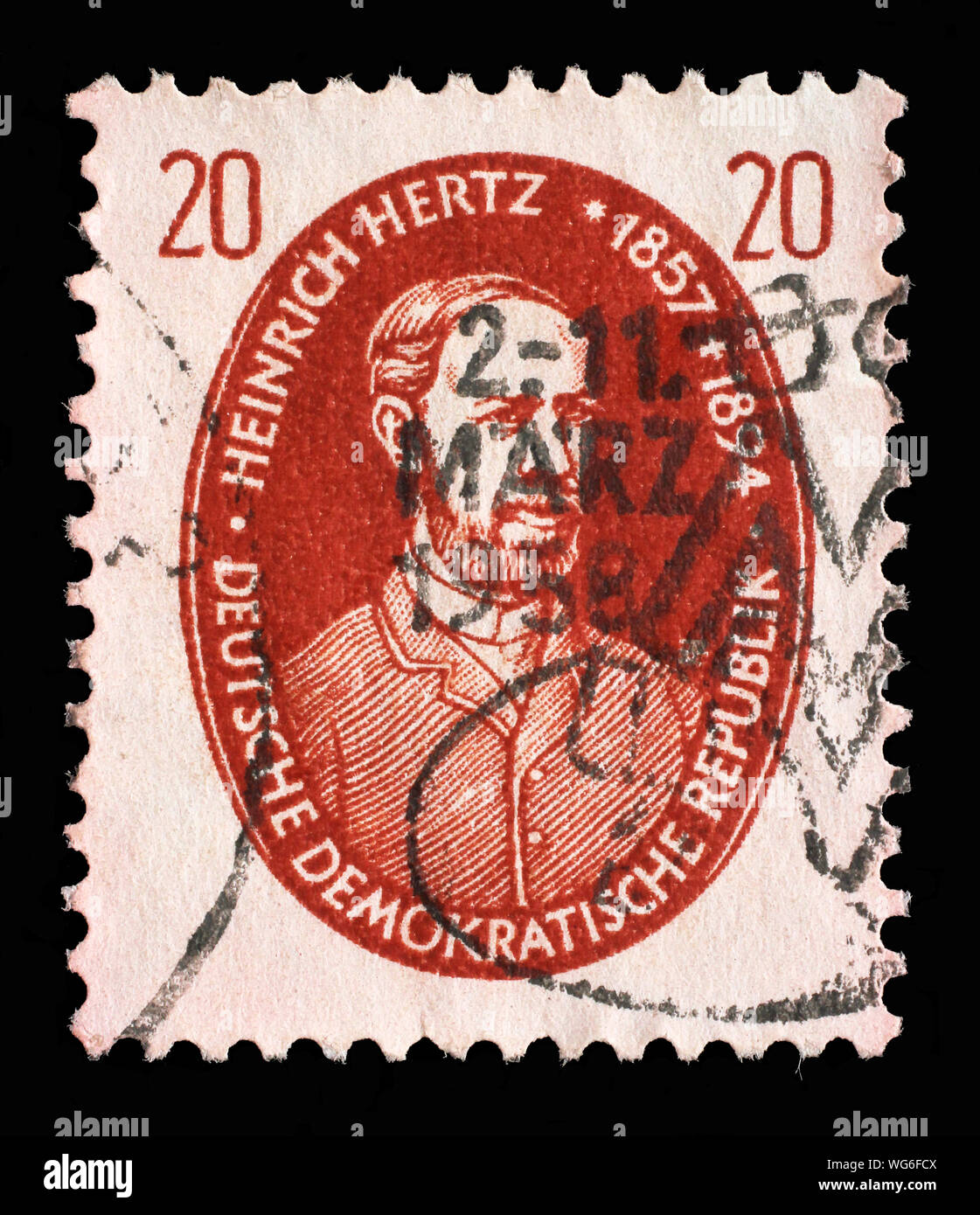 Stamp issued in Germany - Democratic Republic (DDR) shows Heinrich Rudolf Hertz, Famous People serie, circa 1957. Stock Photo
