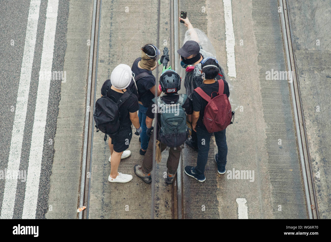 Hong Kong, 31 Aug 2019 - A group of Hong Kong protesters as black bloc gathering in protest march Stock Photo
