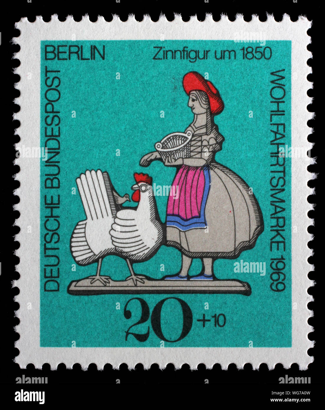 Stamp issued in Germany - Berlin shows Farmer lady (approx. 1850), Welfare: Pewter Models series, circa 1971. Stock Photo