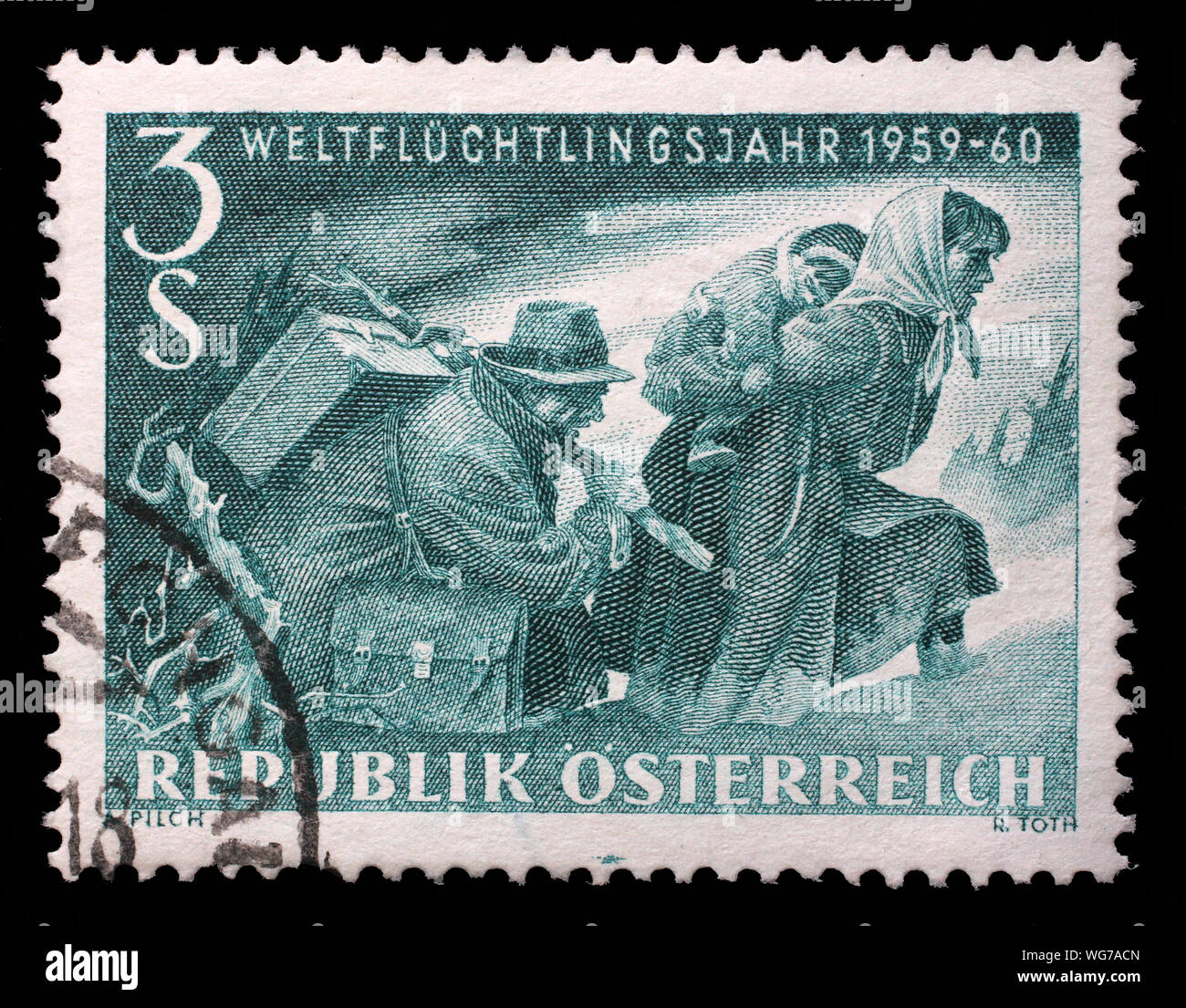 Stamp issued in the Austria shows Refugee family, International Year of Refugees, circa 1960. Stock Photo