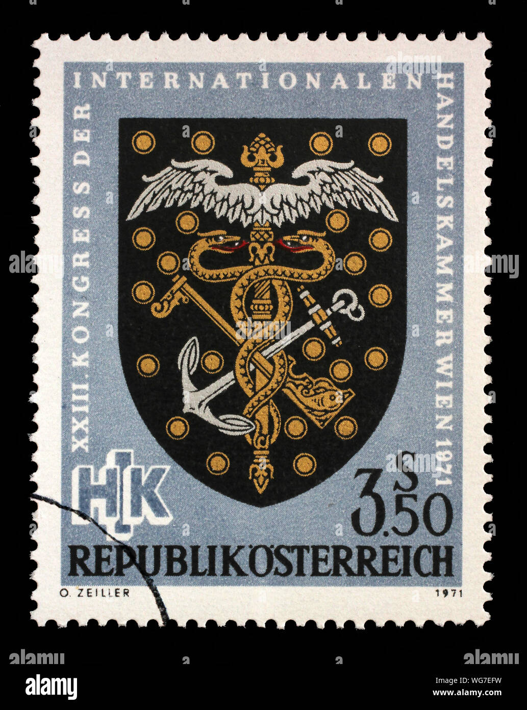 Stamp issued in the Austria shows Coat of arms of wholesalers (c. 1900), International Chamber of Commerce Congress, circa 1971. Stock Photo