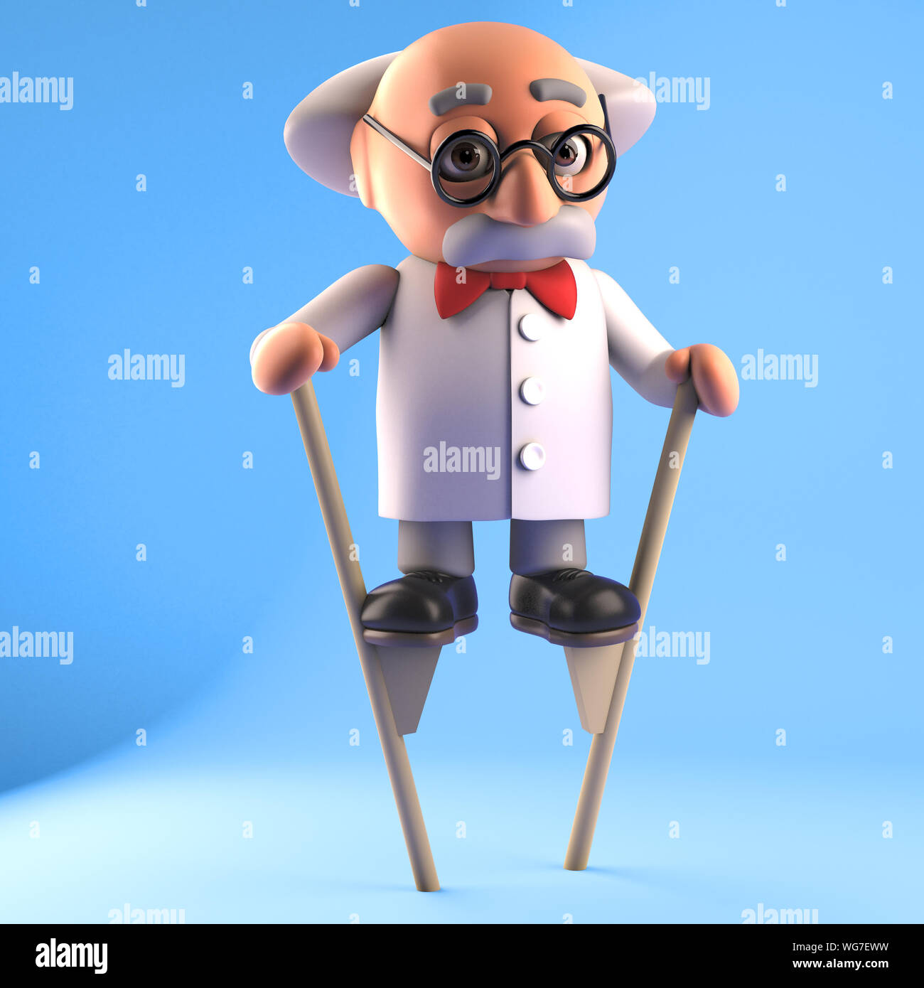 3d crazy mad scientist character walking on stilts, 3d illustration render Stock Photo
