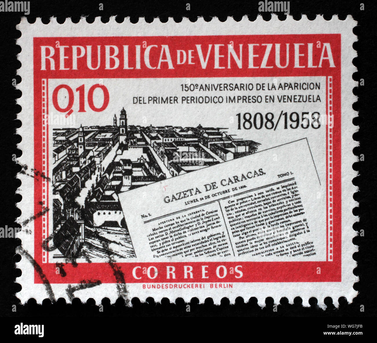 Stamp printed in Venezuela shows Gazeta de Caracas newspapers, circa ...