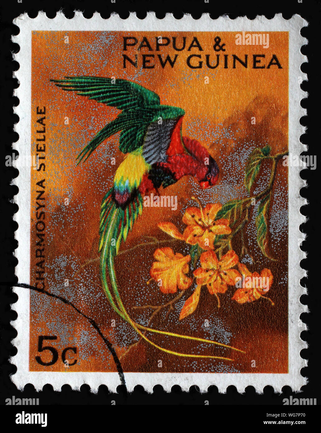 Stamp from Papua New Guinea shows Papuan Lorikeet (Charmosyna papou stellae), issued in 1967. Stock Photo