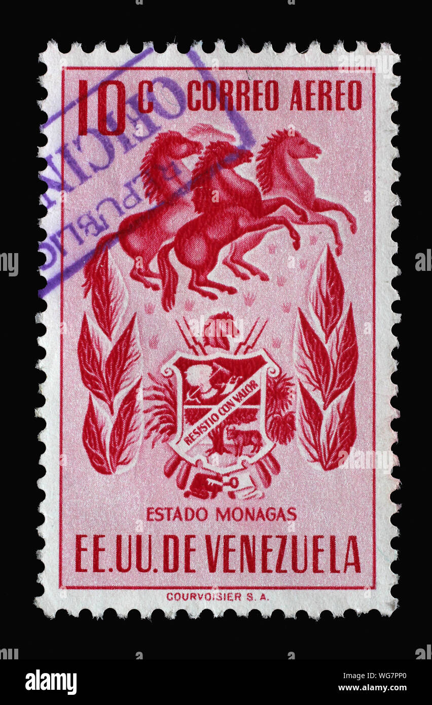 Stamp printed in Venezuela shows Arms of Monagas, circa 1953. Stock Photo