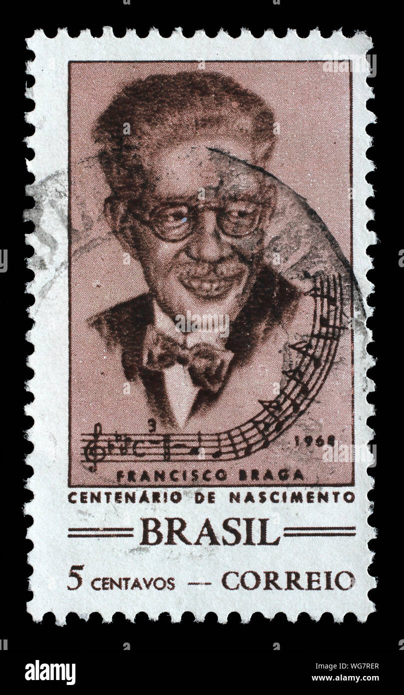 Stamp printed by Brazil. The 100th Anniversary of the Birth of Francisco Braga, 1868-1945, circa 1968. Stock Photo