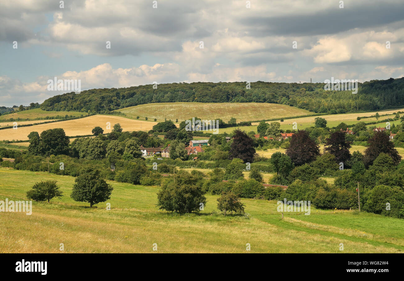 An English Rural Landscape in the Chiltern Hills with Hamlet in the valley Stock Photo