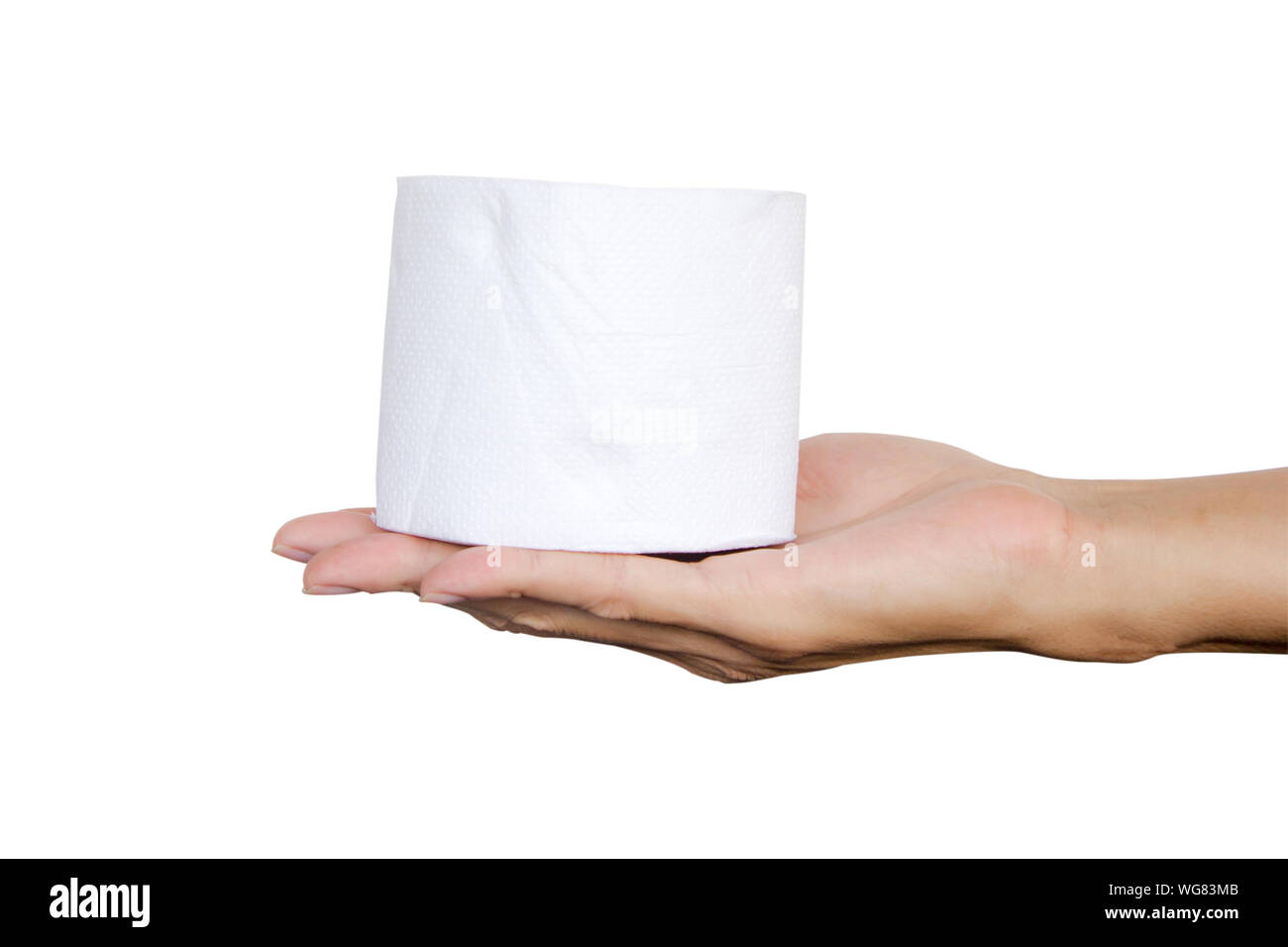 Closeup Of Hand Holding Tissue Roll Against White Background Stock