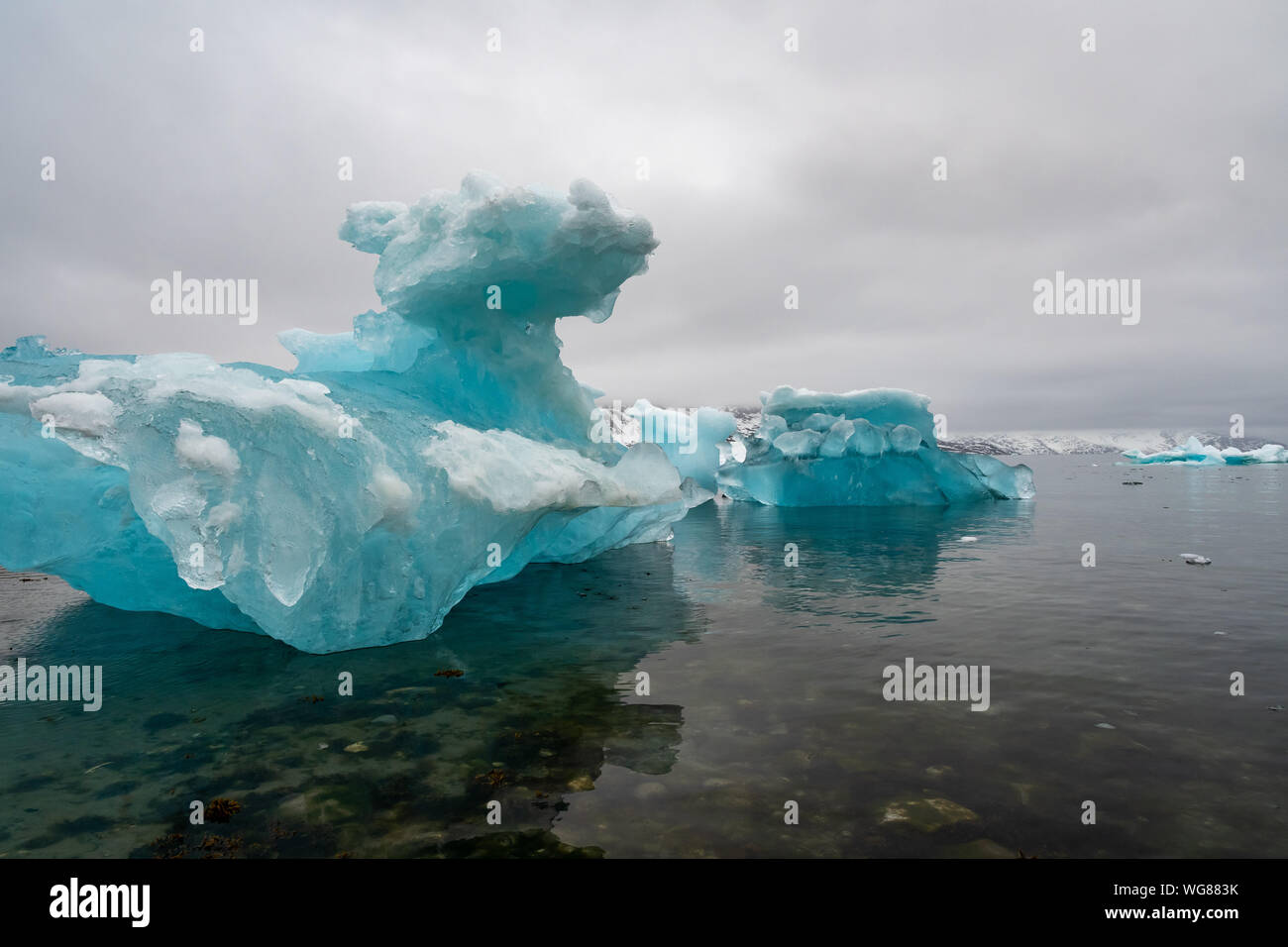 Coastal Iceburgs off Greeland display deep blue hues indicating old ice Stock Photo
