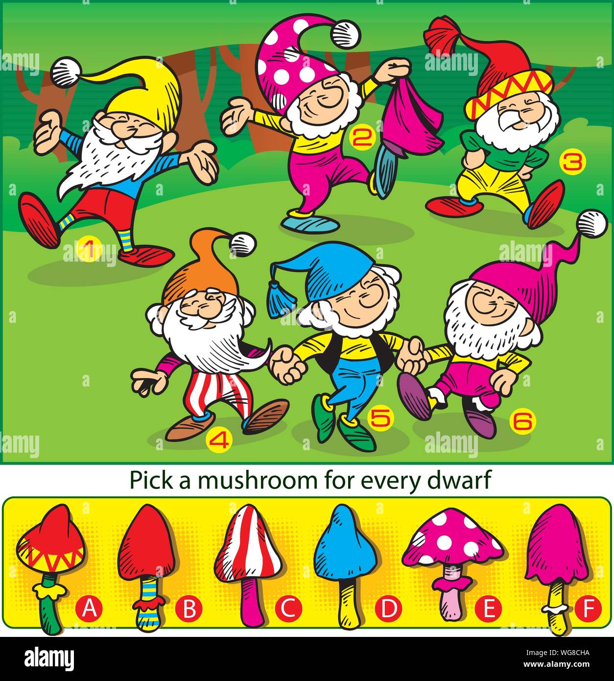 Vector illustration with a puzzle where you need to choose the right mushroom for each gnome. Stock Vector
