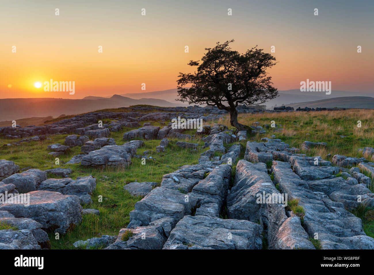 Beautiful sunset at the Winskill Stones near Settle in the Yorkshire Dales Stock Photo
