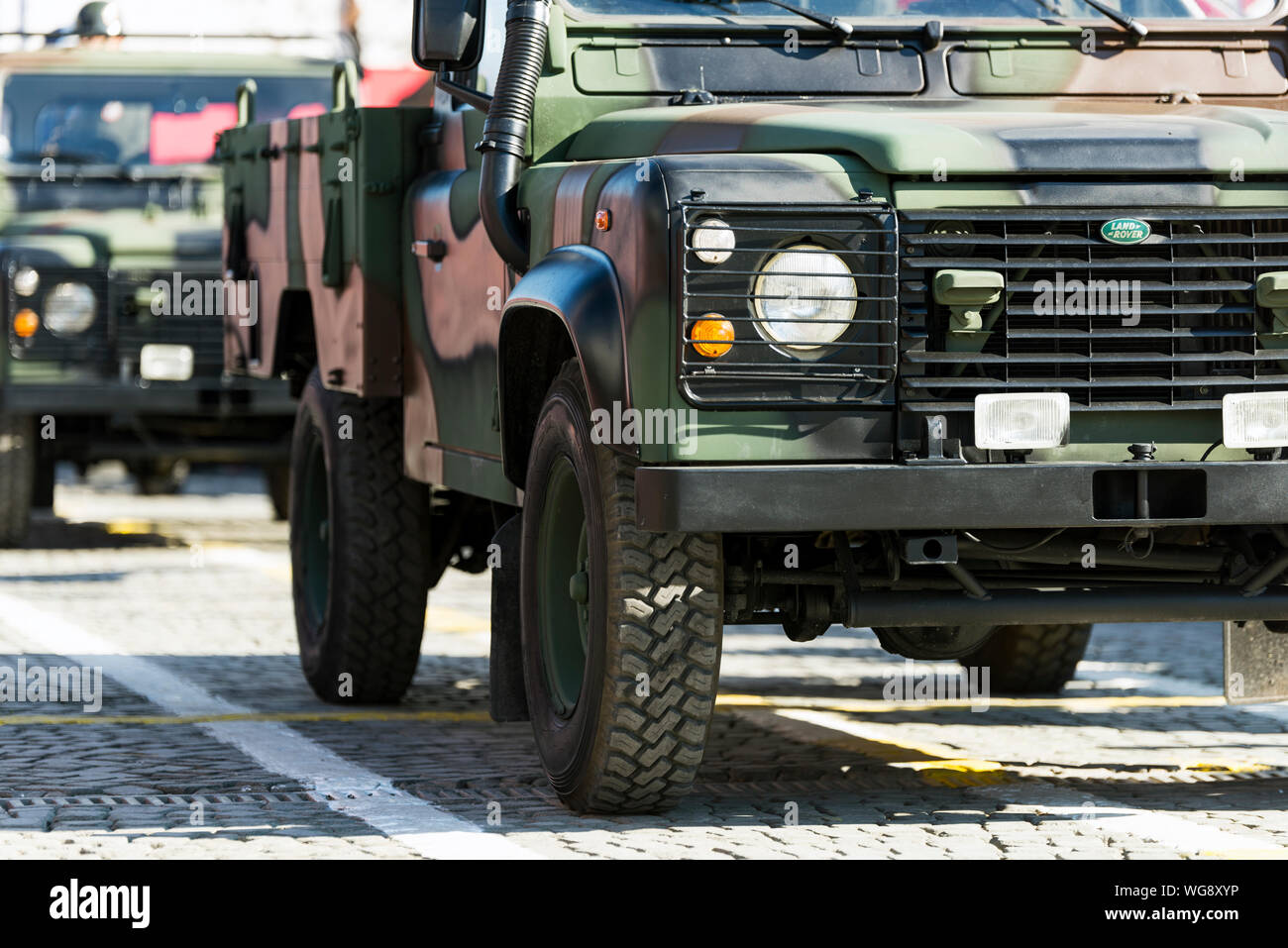 Izmir, Turkey - October 29, 2019: Front view of a Land Rover brand military Suv on a cobble stone road. Stock Photo