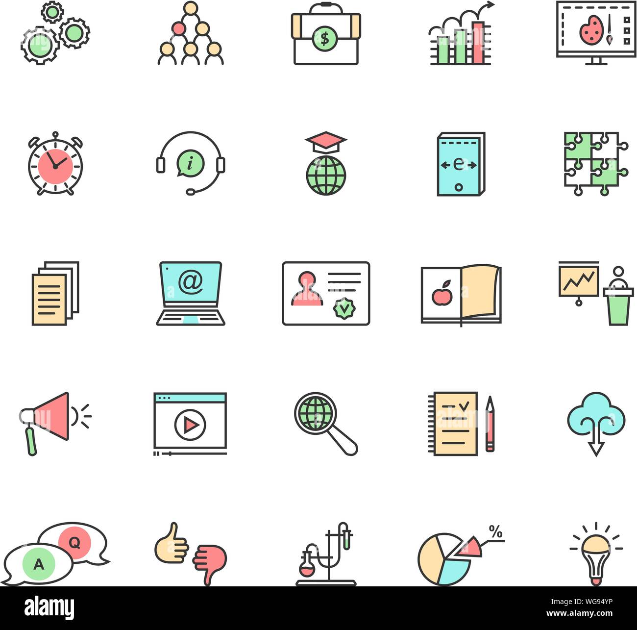 color linear set of e-learning and education on white Stock Vector