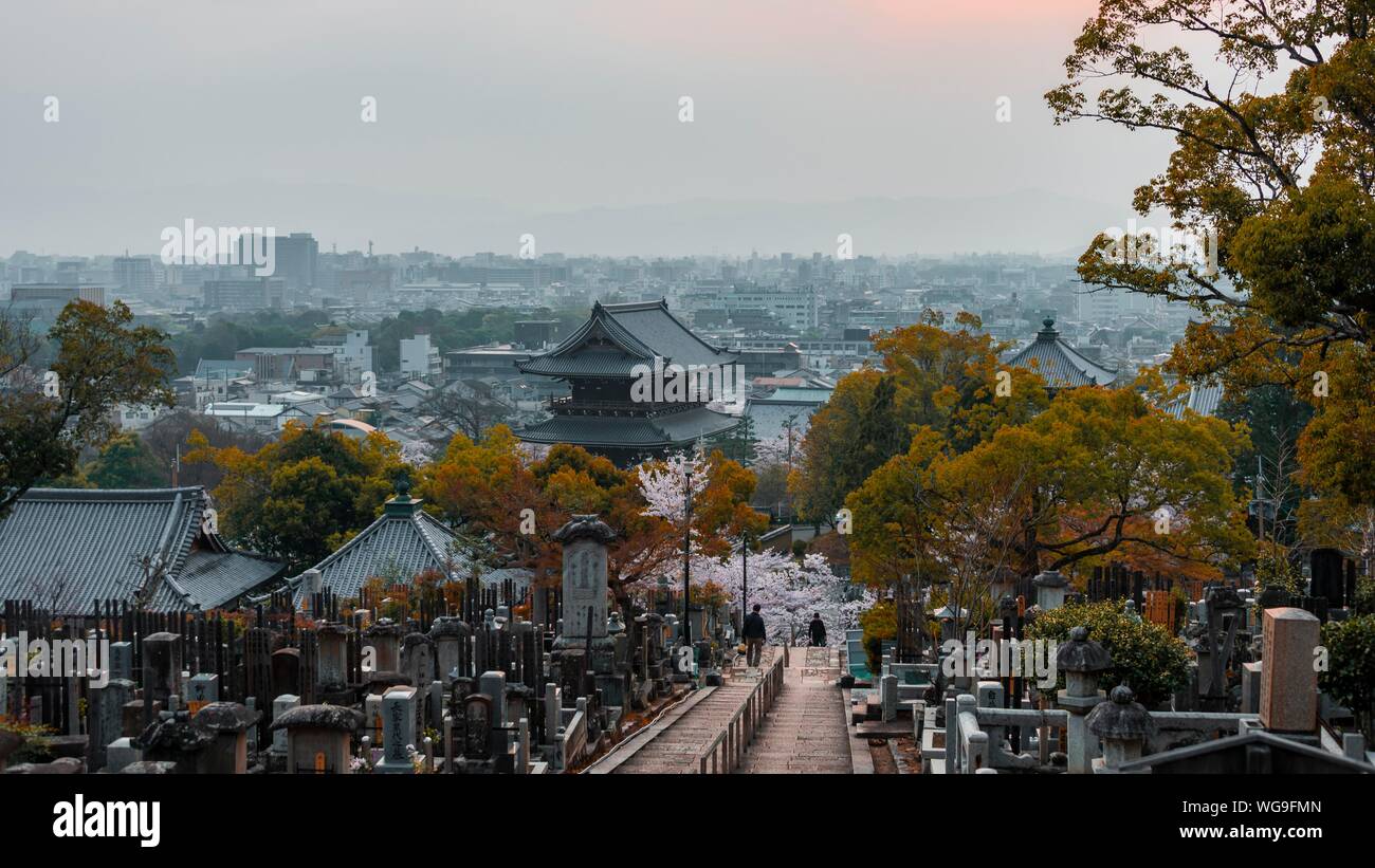 City view with temple and cemetery of the cherry blossom, Konkai-Komyoji temple, Kurodanicho, Kyoto, Japan Stock Photo