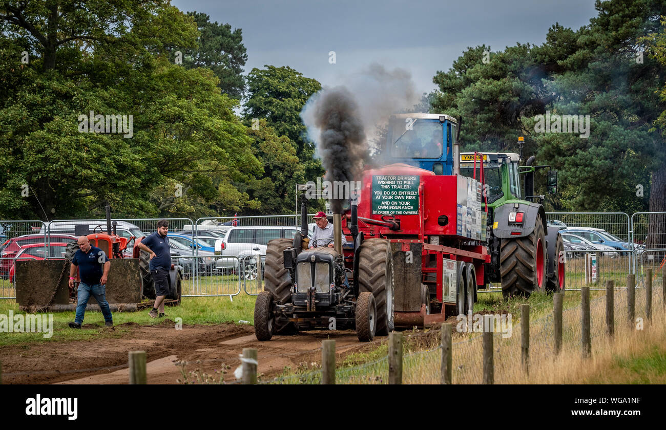 Tractor pulling challenge. Tractor dragging a metal sled along a track containing a box filled with weight. Stock Photo