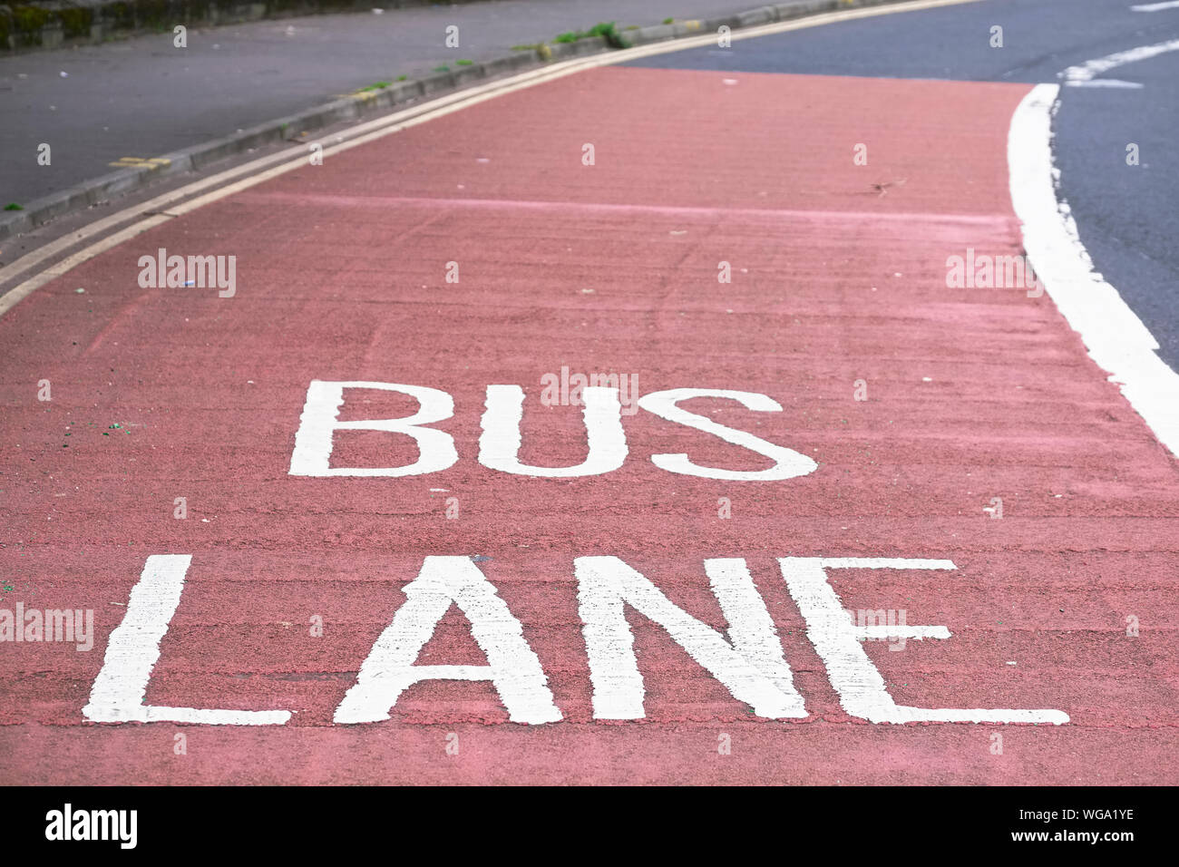 Bus lane sign text on road asphalt uk Stock Photo