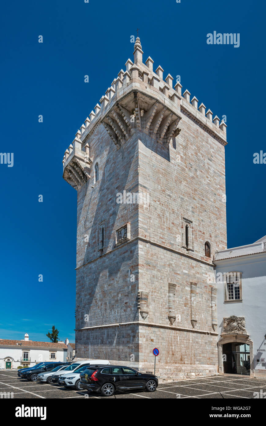 Torre das Tres Coroas, Manueline style, at castle, now Pousada de Santa Rainha Isabel, in Estremoz, Evora district, Alentejo Central, Portugal Stock Photo